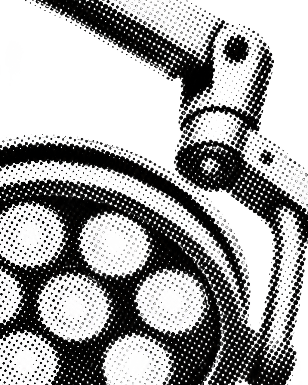 Coarse halftone illustration of a mobile LED examination light head and arm